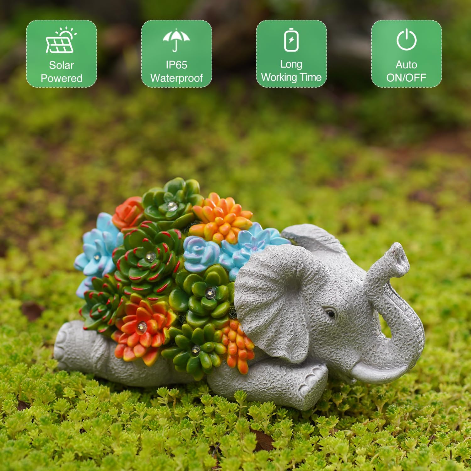 Elephant Statue Solar Garden Ornaments Outdoor Decor Waterproof Resin Elephant Figurines with Succulent 6 LED Solar Lights decoration for Home Yard Patio Lawn Elephant gifts for Women/Mum/Christmas 5
