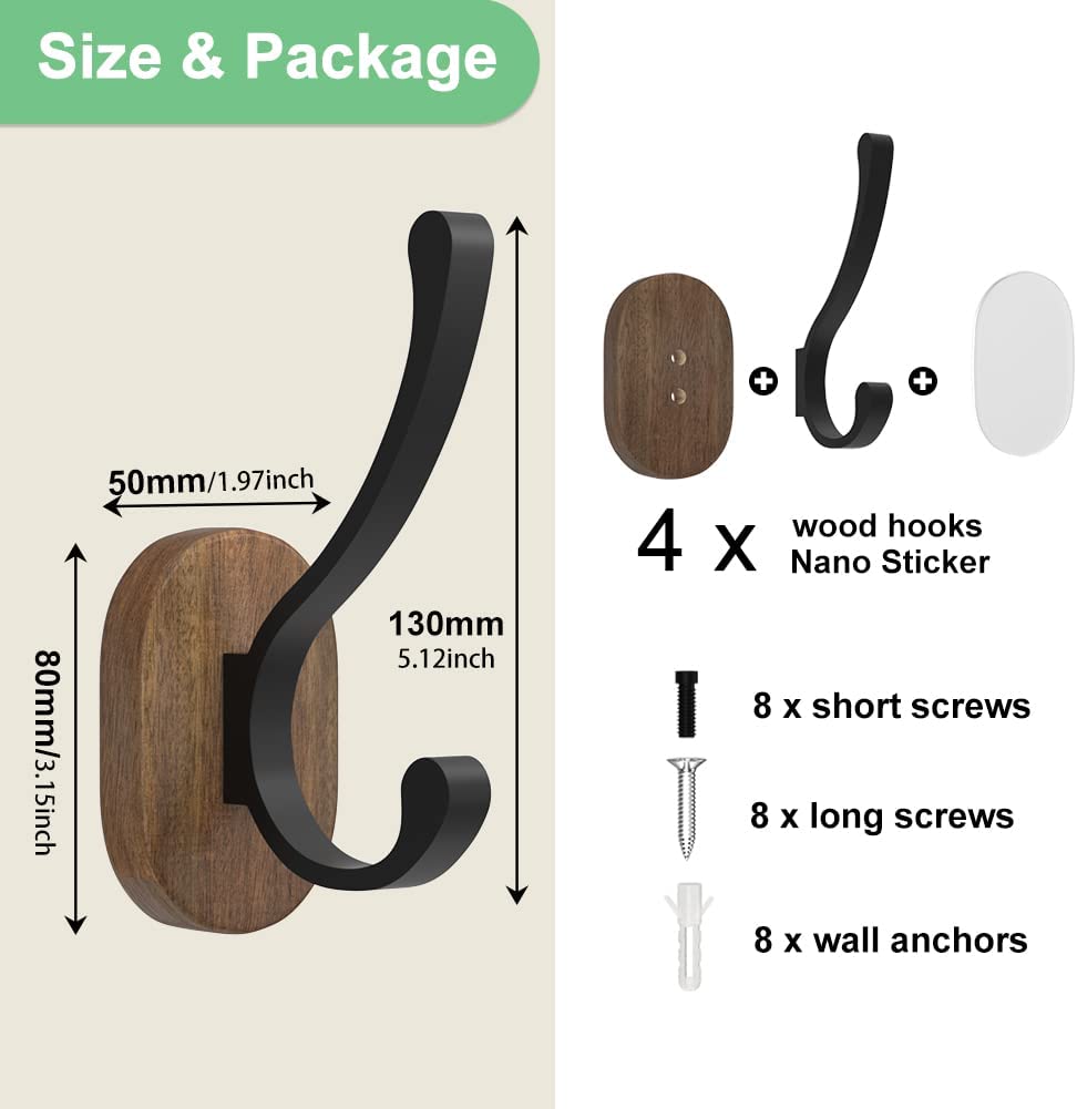 Susswiff Wooden Wall Hangers Decor, 4 Pack Oval Coat Hooks Wall Mounted for Hanging Coats, Towels, Keys, Hats, Robes, Purses, Living Rooms, Bathrooms, Bedrooms, and Cloakrooms 6
