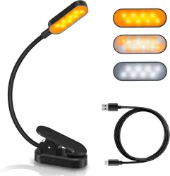 16 LED USB Rechargeable Clip Light with Flexible Neck, Anti-Blue Light Eye Care Reading Lights for Books in Bed, Stepless Dimming, 3 Color & 3 Brightness Modes