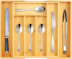 Faankiton Kitchen Bamboo Cutlery Tray Drawer Organizer, Expandable Wooden Bamboo Cutlery Tray with 5 to 7 Compartments, Maximum Extension Size: 41 x 34 x 5 cm, Multi-Functional Drawer Storage