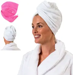 Aztex Luxury Hair Turban Towel in White, Head Wrap Towel with Loop and Button Fastener, Absorbent and Lightweight Cotton, 64 x 23cm, Multiple Colours