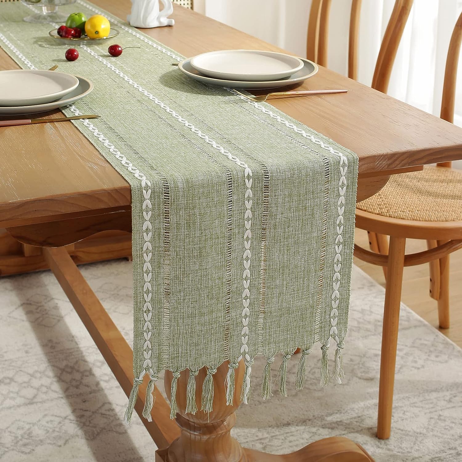 Wracra Hemstitch Cotton Linen Table Runner Farmhouse Style Sage Green Table Runner 180cm Long with Hand-tassels for Dining Kitchen Party and Dessert Table Decor(Sage Green, 180cm) 6