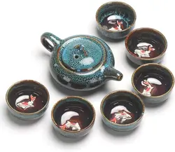 Kung Fu Teapot and Cup Set, Kung Fu Tea Set, Chinese and Japanese Retro Handmade, Porcelain Teapot, 6 Tea Cups, Gift Box (Blue)