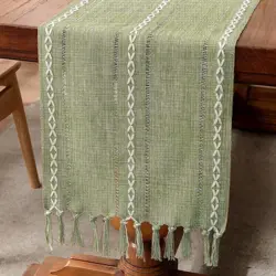 Wracra Hemstitch Cotton Linen Table Runner Farmhouse Style Sage Green Table Runner 180cm Long with Hand-tassels for Dining Kitchen Party and Dessert Table Decor(Sage Green, 180cm)