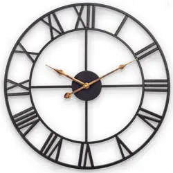 European Industrial Vintage Style Large Wall Clock with Roman Numerals, Silent Non-Ticking Metal Black Clock, Decorative Timepiece for Kitchen Living Room Fireplace Farmhouse Bedroom (60cm)